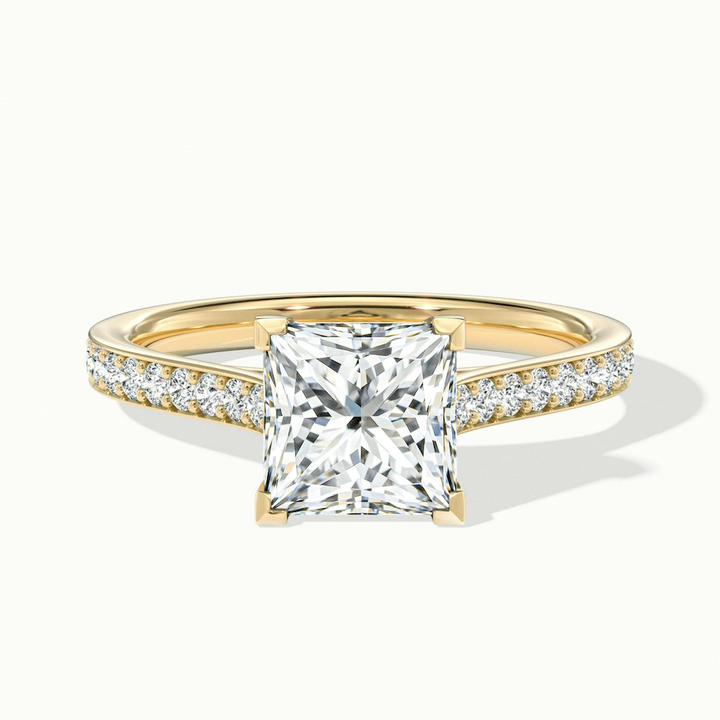 Ava 5 Carat Princess Cut Solitaire Pave Moissanite Engagement Ring in 14k Yellow Gold