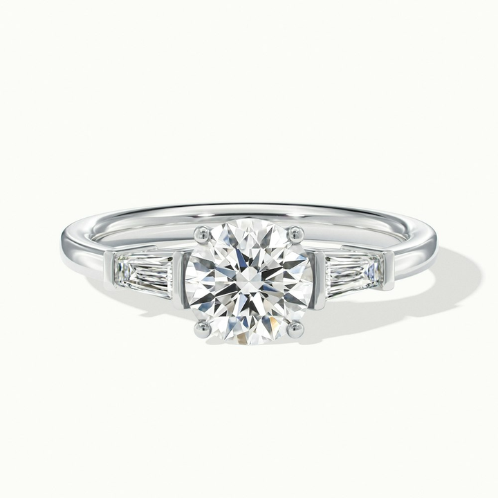 Hope 4 Carat Round 3 Stone Moissanite Diamond Ring With Side Baguette Diamonds in 10k White Gold