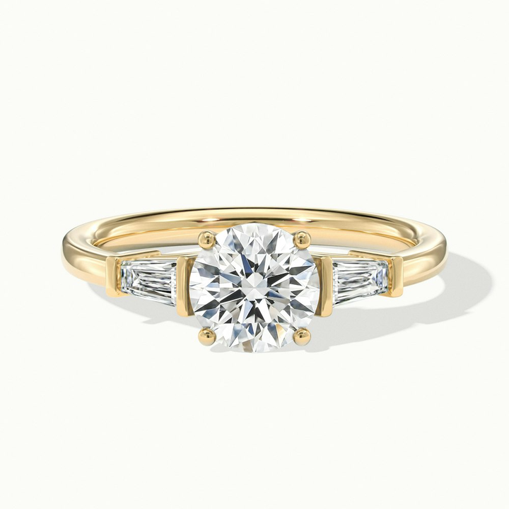 Hope 1 Carat Round 3 Stone Moissanite Diamond Ring With Side Baguette Diamonds in 10k Yellow Gold