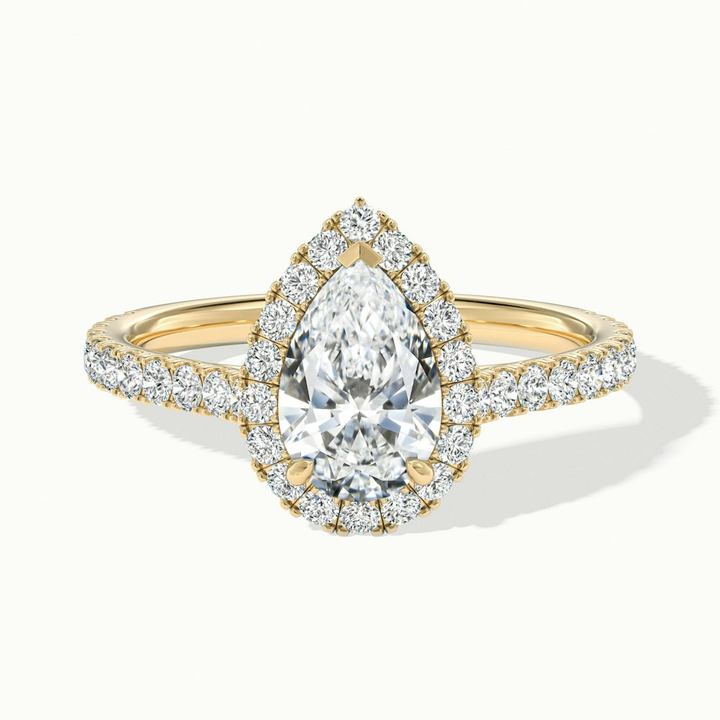 Cindy 5 Carat Pear Shaped Halo Moissanite Diamond Ring in 14k Yellow Gold