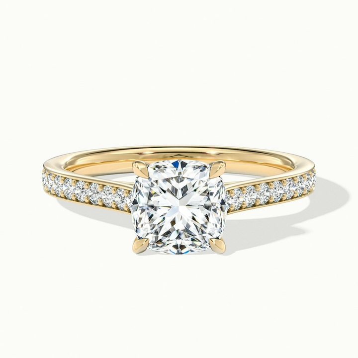 Eva 3 Carat Cushion Cut Solitaire Pave Moissanite Diamond Ring in 10k Yellow Gold