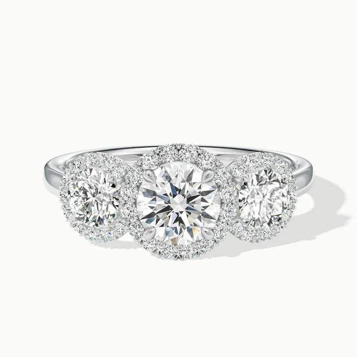 Emma 1 Carat Three Stone Round Halo Moissanite Engagement Ring in 10k White Gold