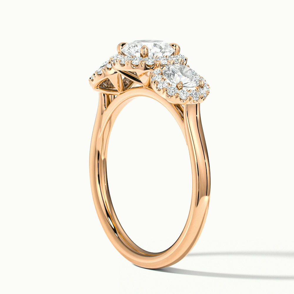 Flora 2 Carat Three Stone Round Halo Lab Grown Diamond Ring in 14k Rose Gold