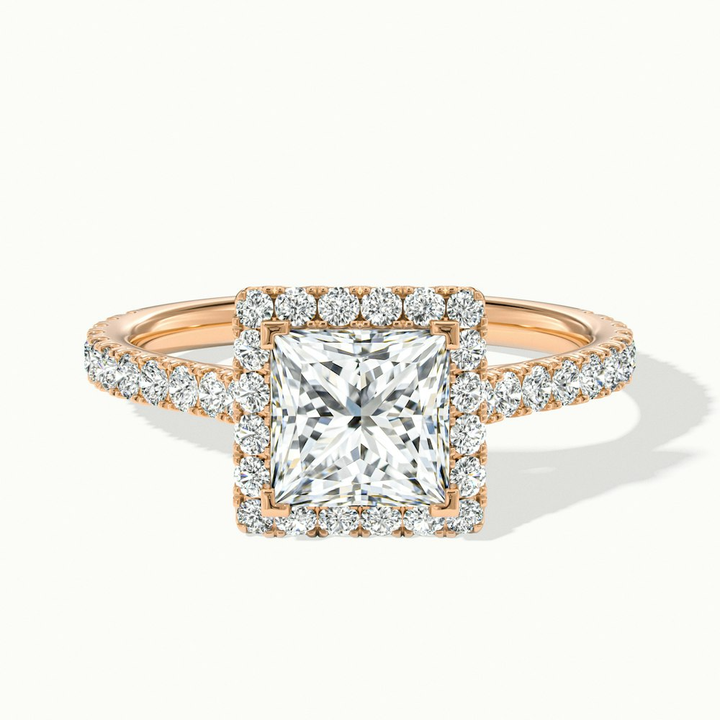 Rose 1 Carat Princess Halo Pave Moissanite Engagement Ring in 18k Rose Gold